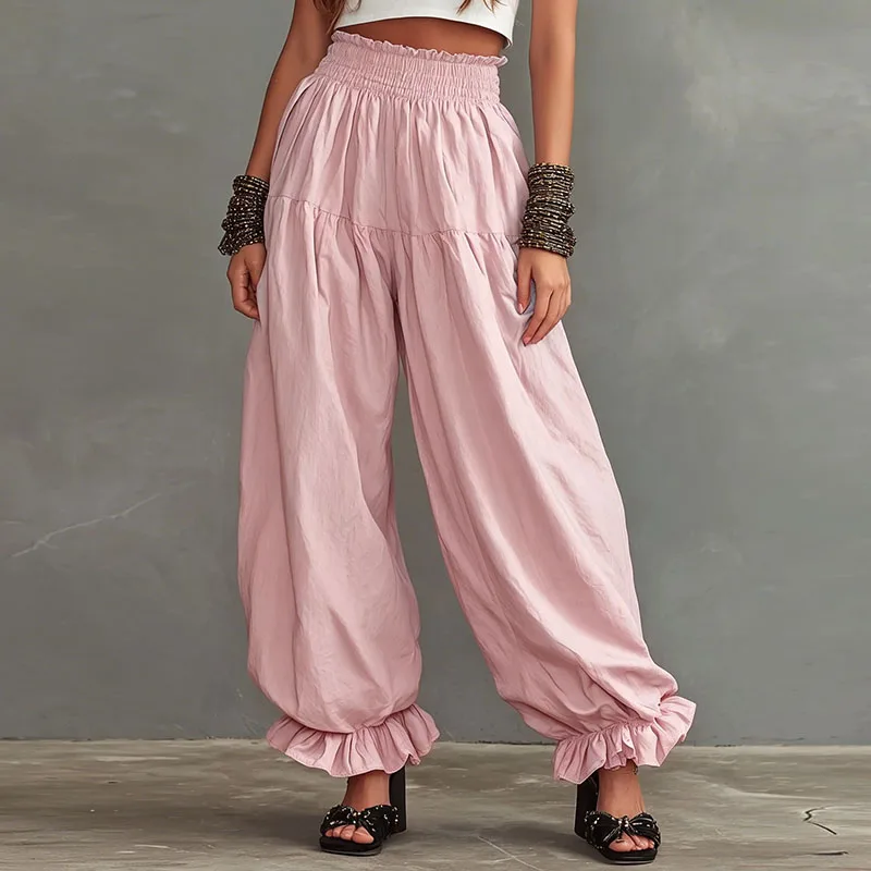 Bohemian Ruffle Bloomers Pants Women Solid Pleated Wide Leg Tiered Loose Pants Spring Fall Holiday Casual Pants High Waist Pants