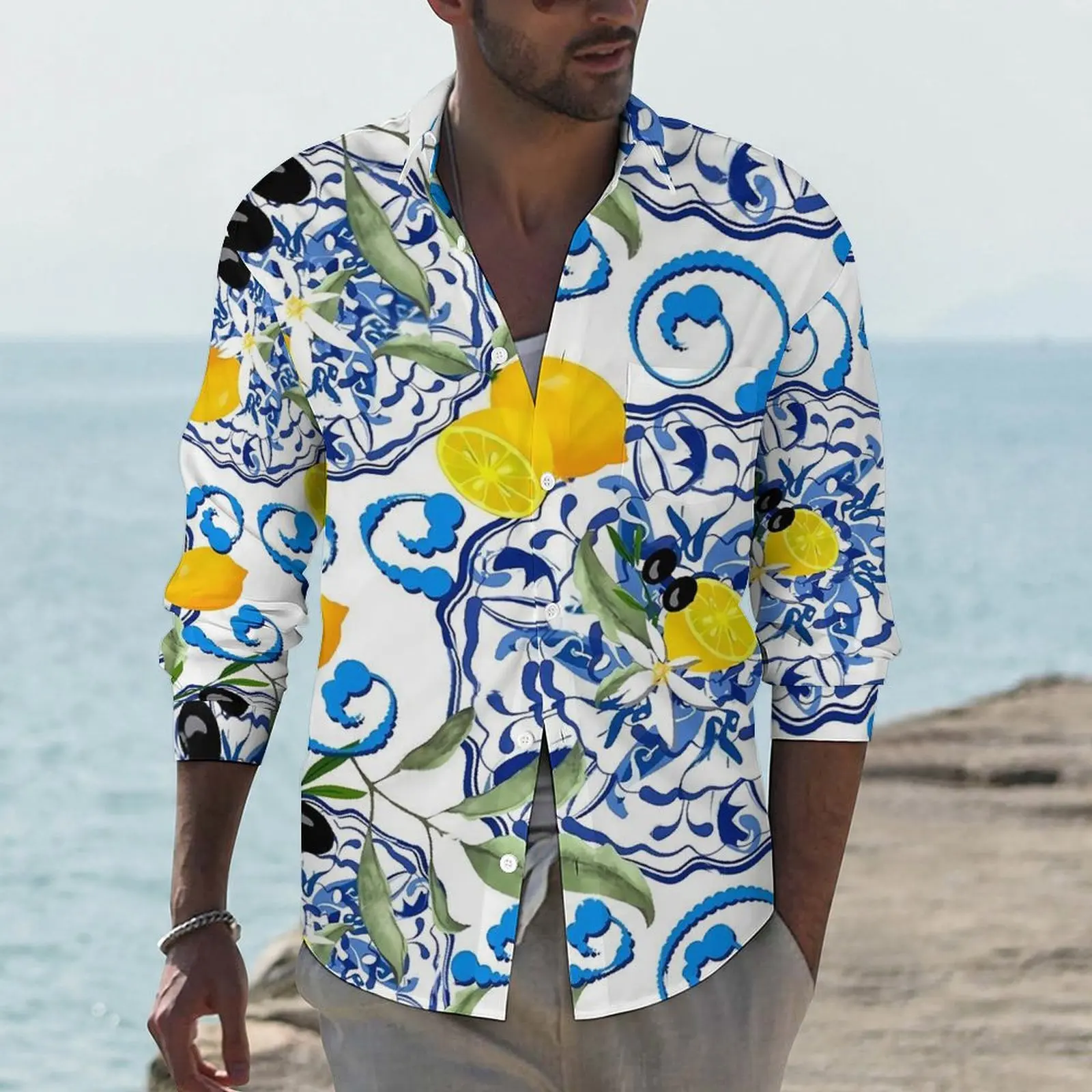 

Fruit Print Shirt Male Yellow Lemon Casual Shirts Spring Y2K Design Blouses Long Sleeve Trending Oversize Tops Gift