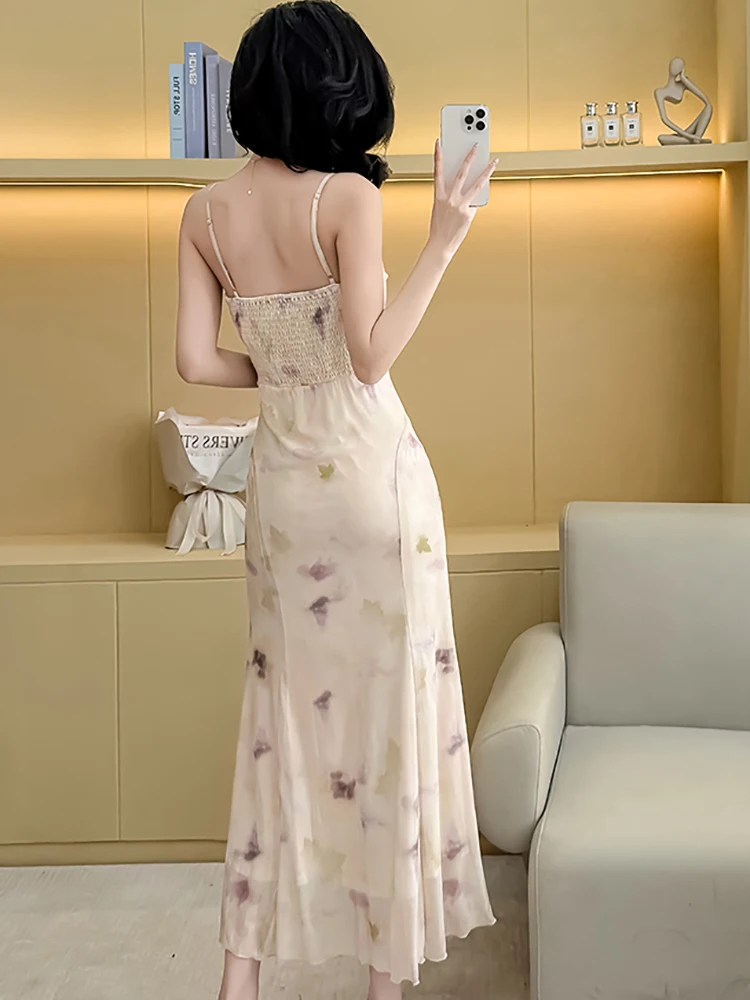 Robe à bretelles Chic en mousseline de soie imprimée pour femmes + Cardigan blanc, ensembles deux pièces, nouvelles robes de soirée de luxe élégantes coréennes, été 2025