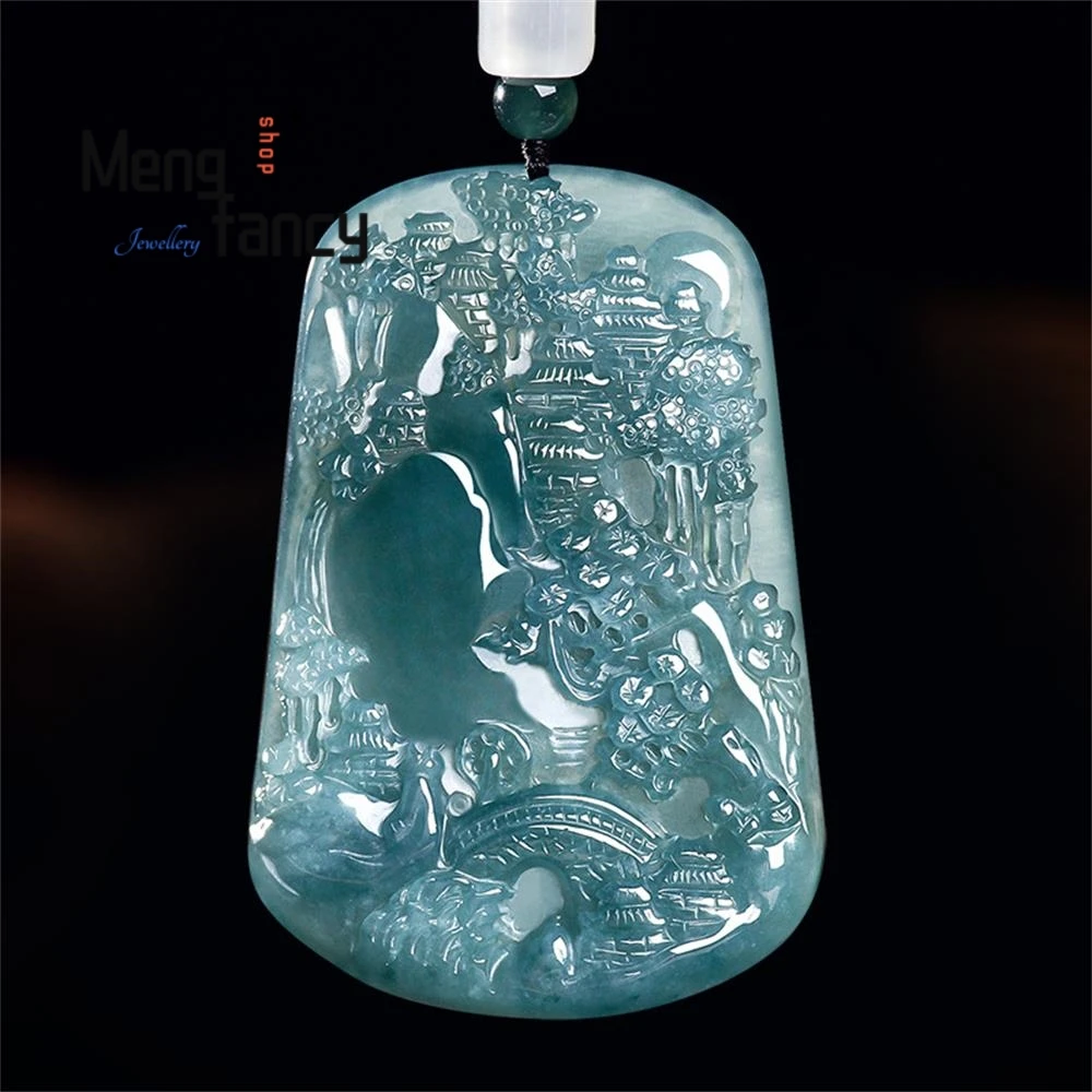 High-end Natural A-grade Jadeite Blue Water Jiangshan Scenery Shanshui Brand Ice Jade Pendant Exquisite Couple Fashion Jewelry
