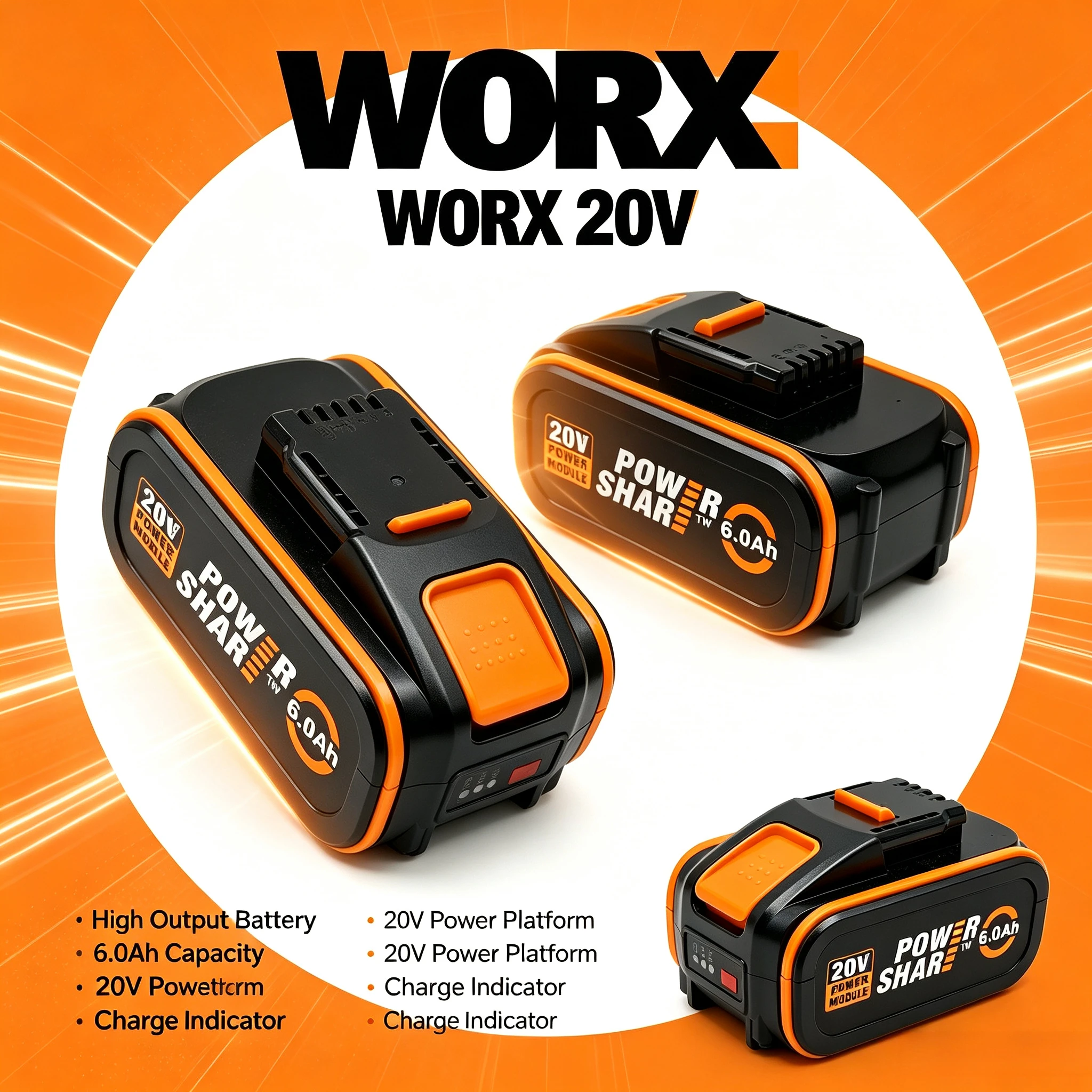 WORX 20V 6.0Ah 4Pin Battery WORX PowerShare 4Pin Lithium Battery BMS Safety for WORX WX128 WX130 Cordless Drill DIY Projects