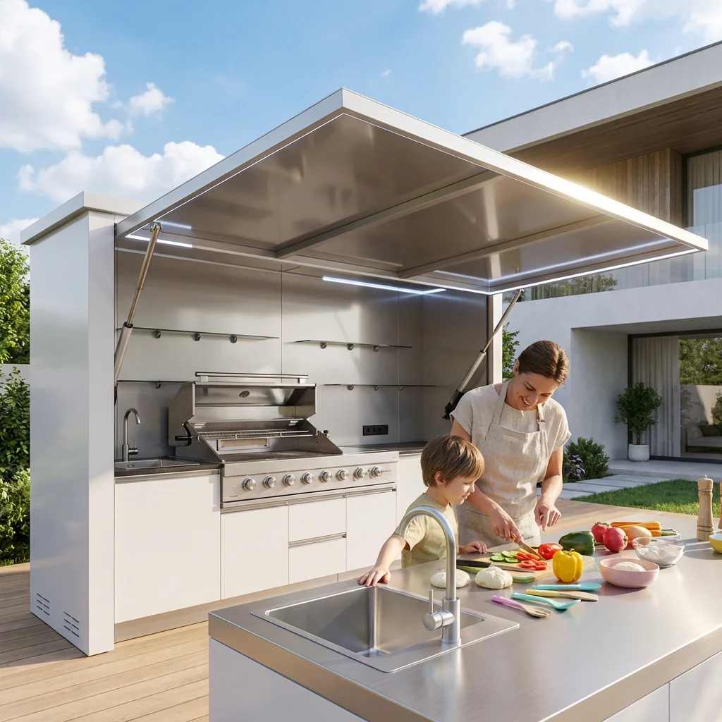 Modern Outdoor Kitchen Pod for Sale Weatherproof Portable BBQ Cooking Unit with Stainless Steel Top and Storage Cabinets