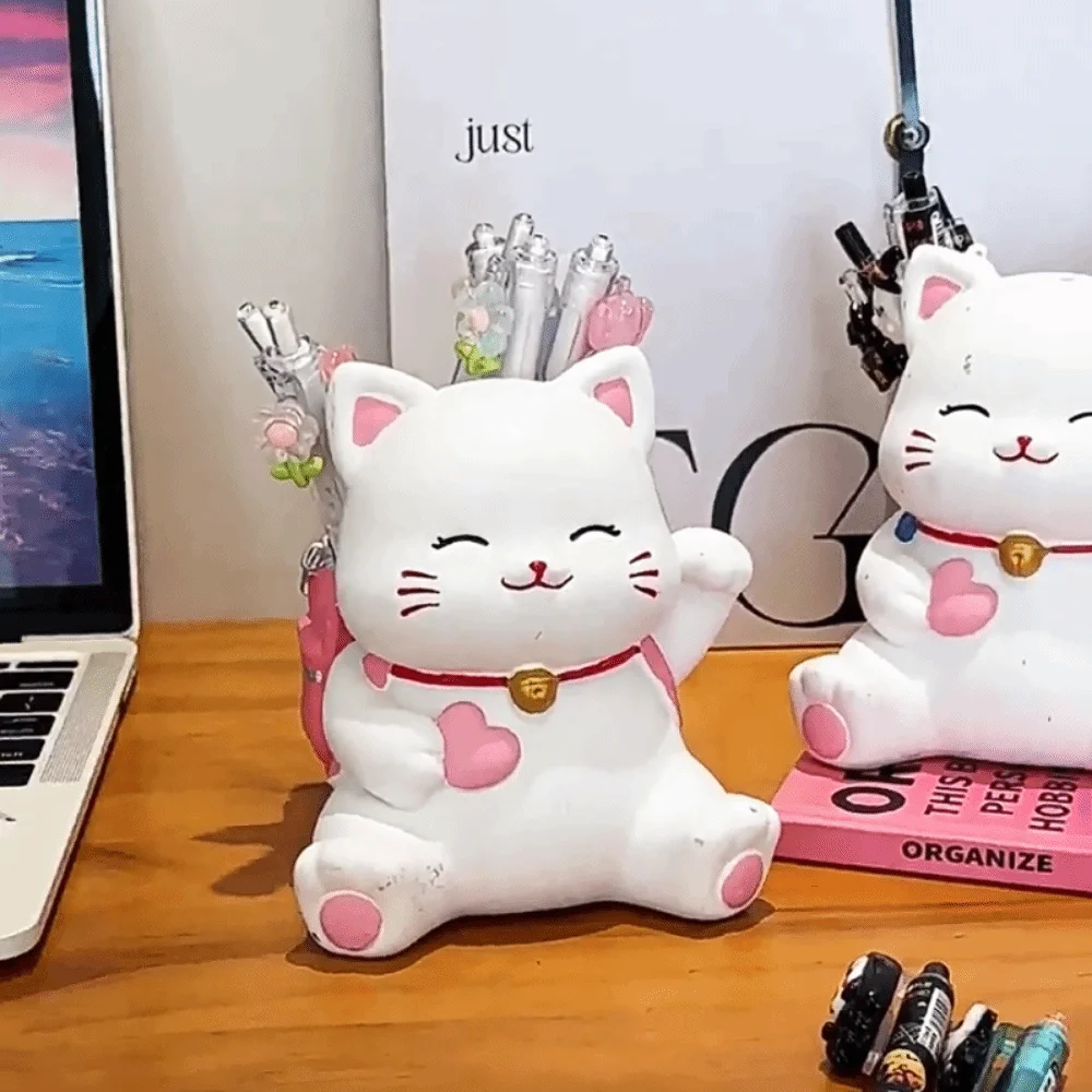 Creative Small Cat Pen Holder Cartoon Storage Box Lucky Cat Stationery Organizer Large Capacity Multi Functional