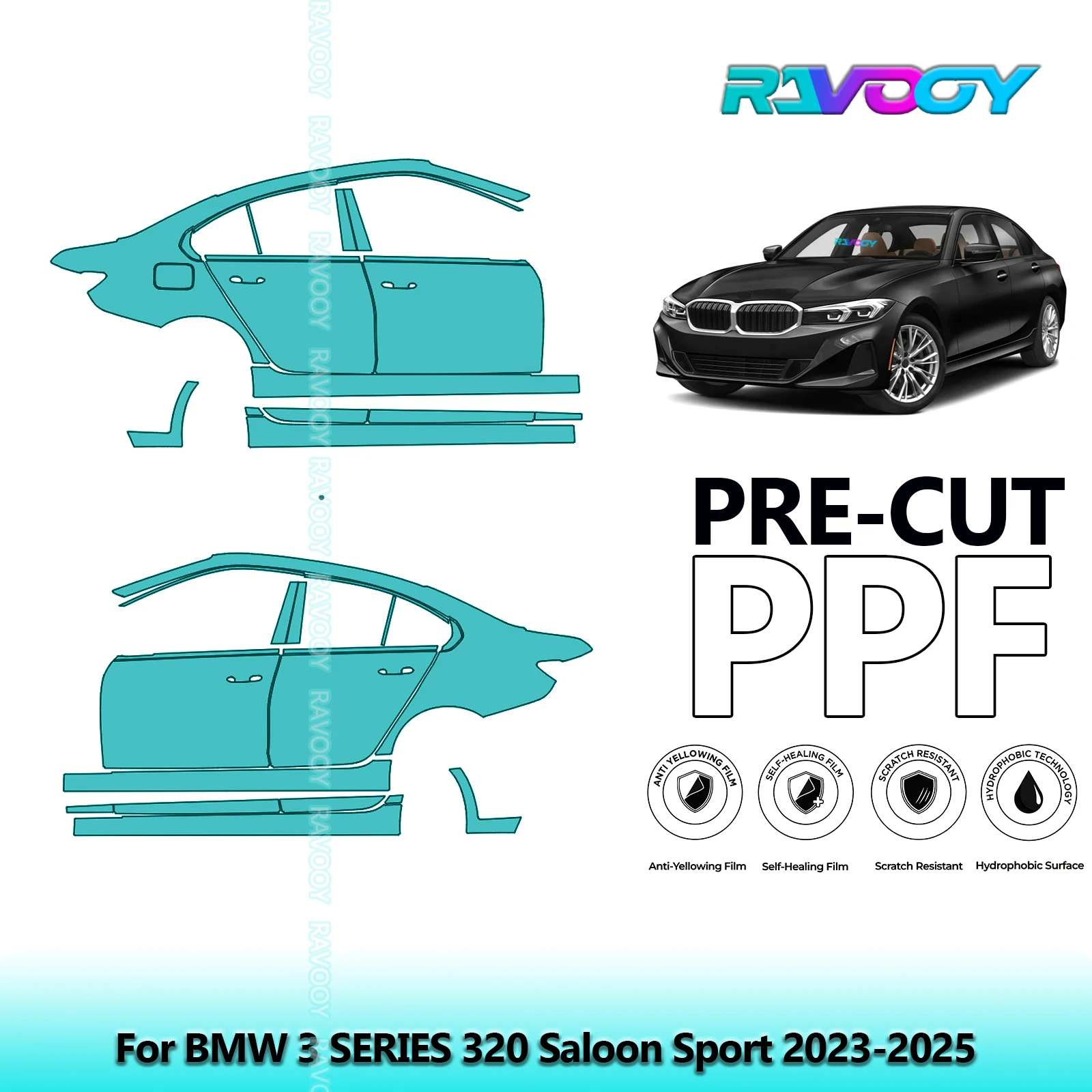 

For BMW 3 SERIES 320 Saloon Sport 2023-2025 8.5mil Clear Matte Pre-Cut PPF Door & A/B Pillar Kit TPU Paint Protection Film Set