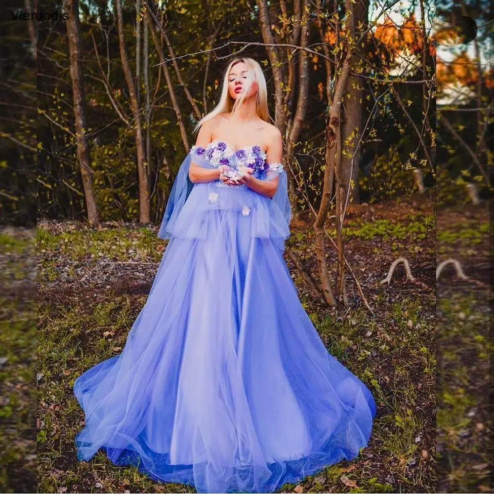 

Light Purple Evening Dress A-Line 2022 Off Shoulder Floor Length Tulle Hand Made Flowers Women Formal Gowns Party Gowns Elegant