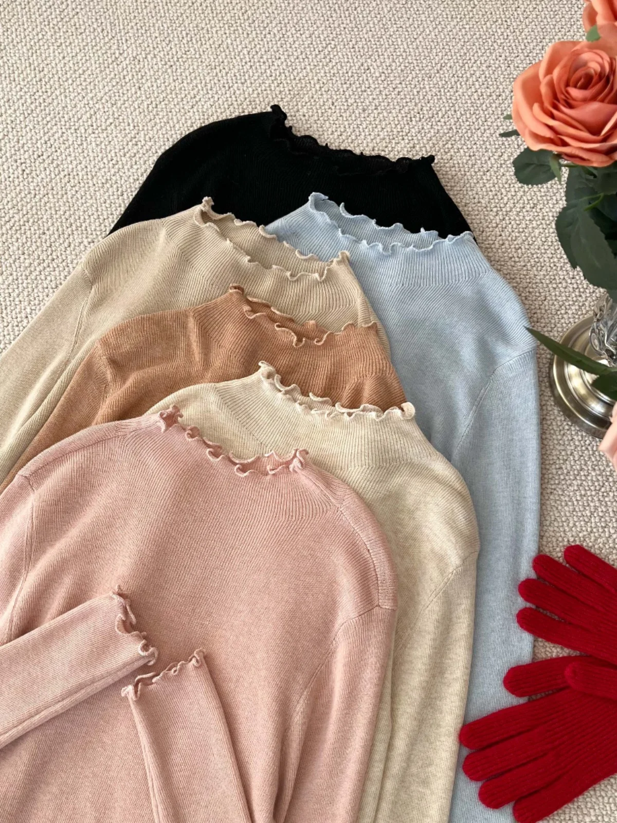 

Soft Elastic Women's Knitted Shirt Vintage Wood Grain Slim Fit Base Layer Autumn Winter Korean Style Sweet Style Long Sl...