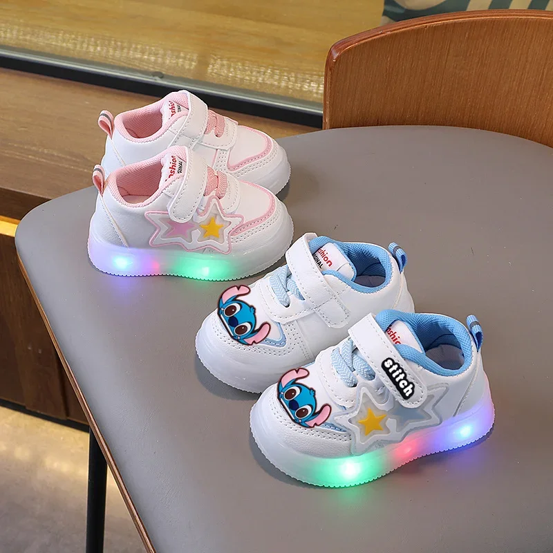 

first walkers Disney Mickey Mouse Casual Shoes Boy Girl Stitch Spring Fall Sneakers Lights Children Baby Low Top Board Shoes