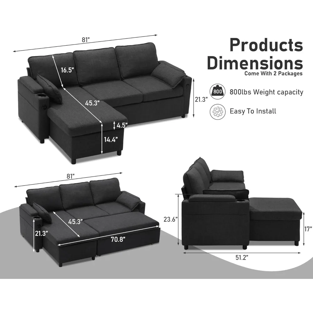 Sofa Bed Sleeper Pull Out 2 in 1 Sectional Sleeper Couches with Storage, USB, Cup Holder, Pullout Sectional Couches, Sofa