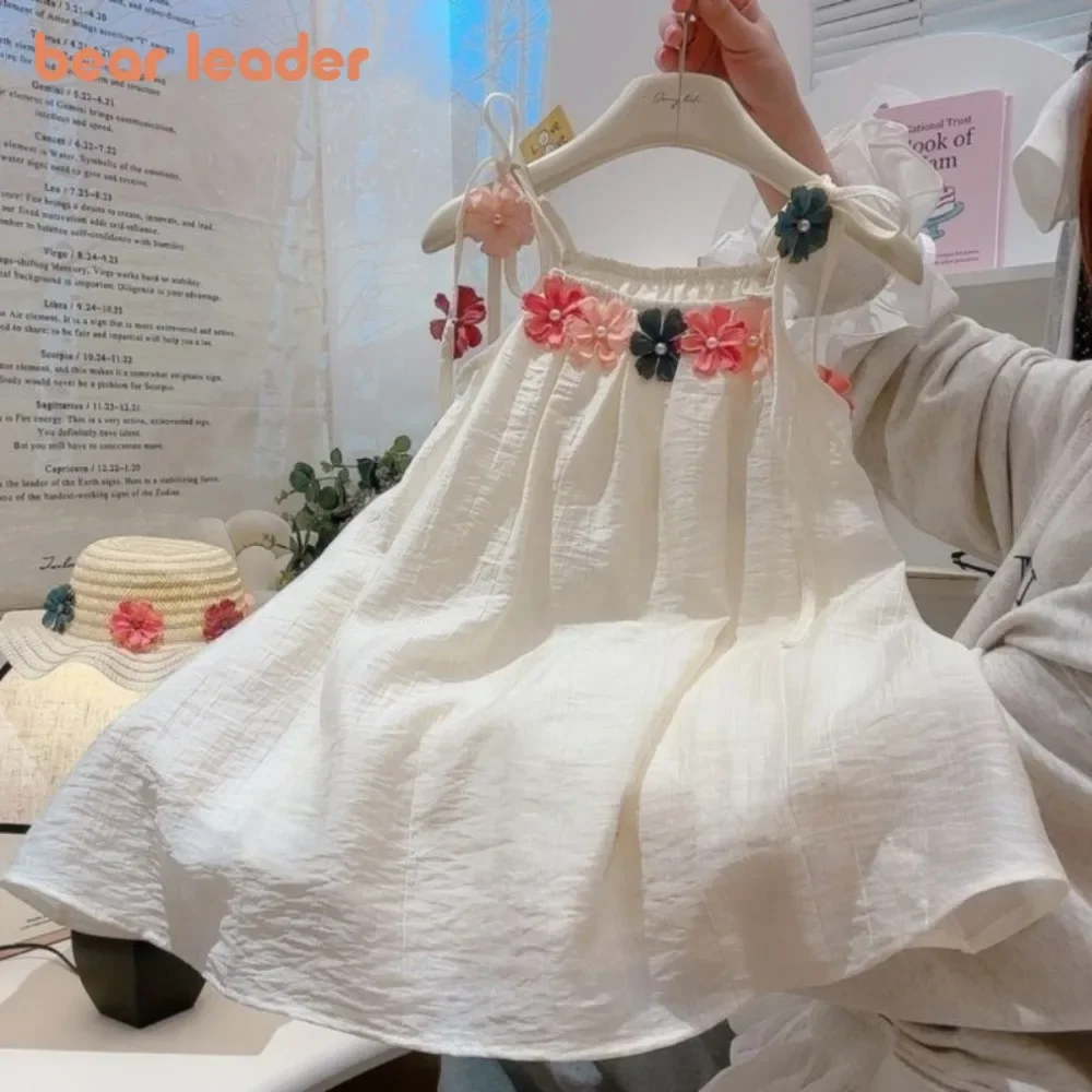 

Bear Leader Korean Version Casual Dresses for Girls Summer White Sleeveless Kids Clothes 3D Flower Decoration Vest Dress+Hat