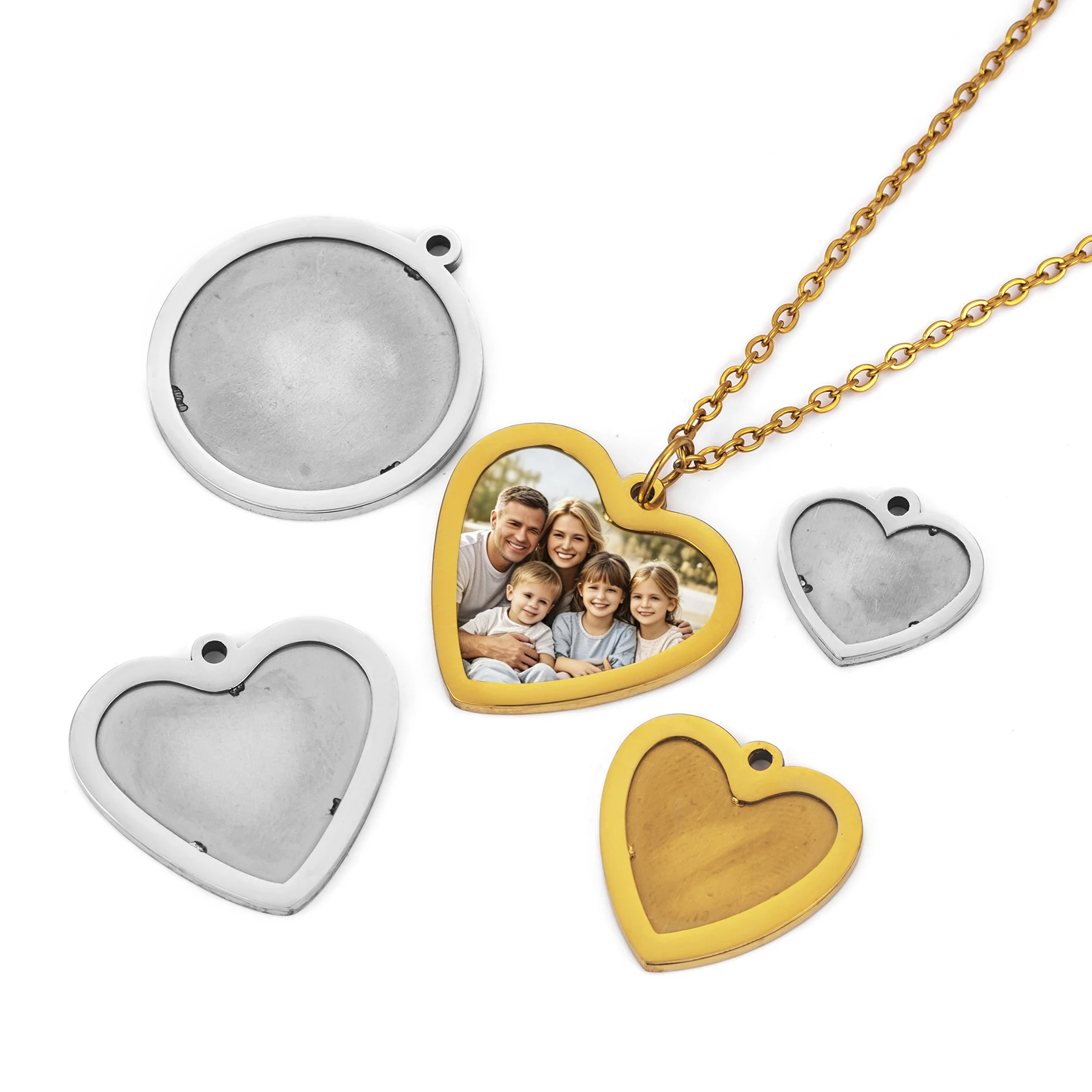 4 Stück/Set Edelstahl Polierte Fotorahmen-Anhänger-Rohlinge Herz Runde Cabochon-Anhänger für DIY-Schmuck – Detail 4
