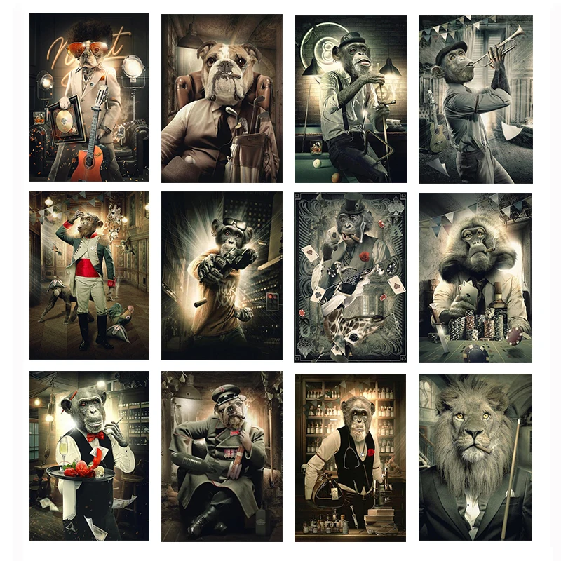 Abstract Animal Lion Monkey Canvas Poster Printing Dog Playing Guitar Wall Art Pictures for Living Room Home Decoration Painting