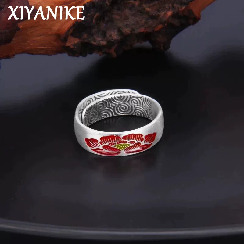 

XIYANIKE Thai Silver Enamel Red Lotus Flower Adjustable Finger Rings For Women Fashion New Jewelry Gift Party Birthday anillos