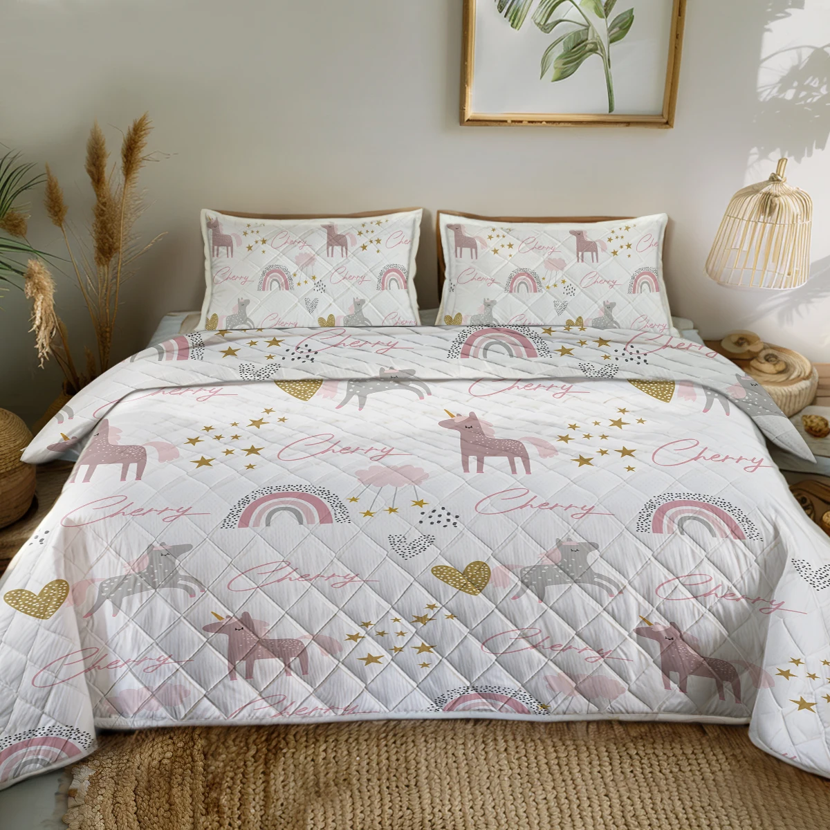 

3PCS Cute Little Unicorns with Rainbow and Heart Design Quilt Set Comforter With 2 Pilowcases For Kids and Adults Bedroom