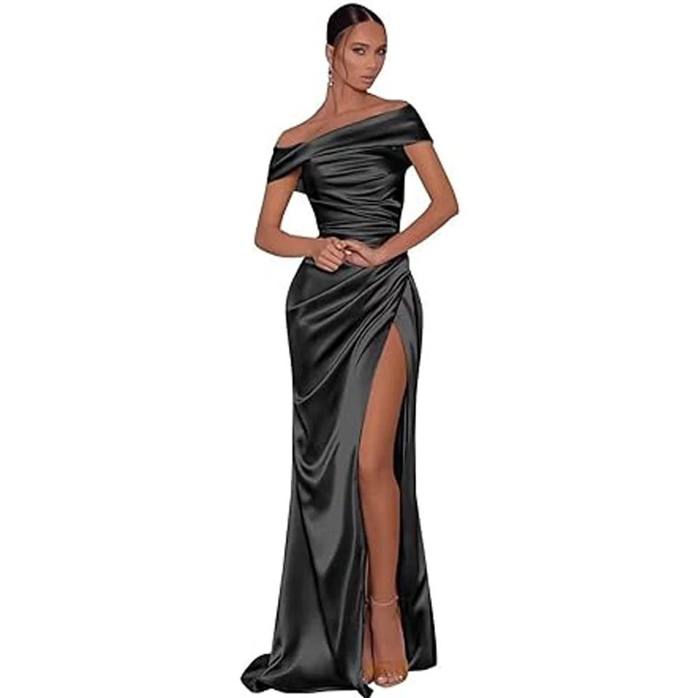 Elegant Diagonal Collar Bodycon Maxi Dresses for Women Sexy Leg Slit Satin Women Dress for Evening Prom Bridesmaid Wedding Party