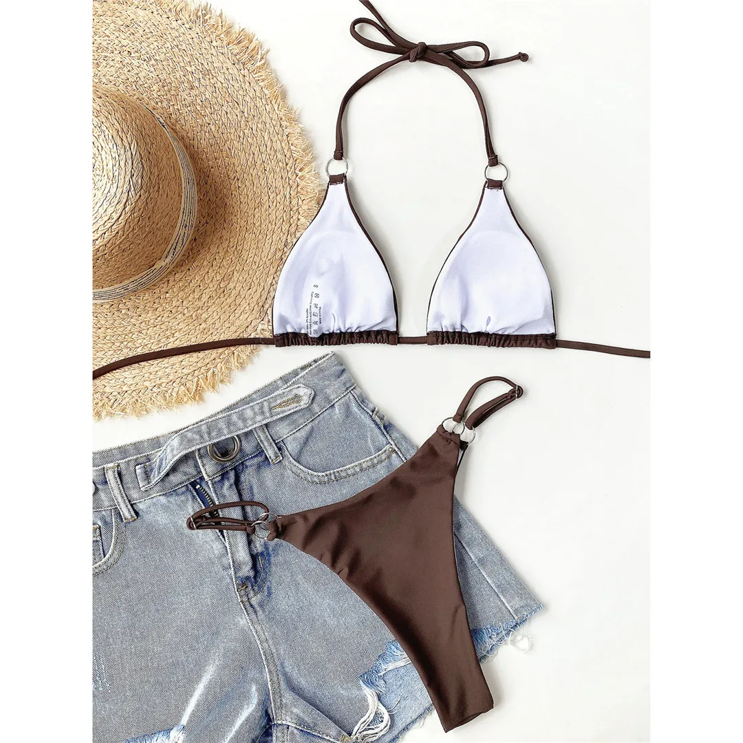 Sexy Neckholder-Bikini mit hohem Beinausschnitt und Metallring, Damen-Badeanzug, zweiteiliges Bikini-Set, Badebekleidung, Badeanzug, Modell V3142 – Detail 15