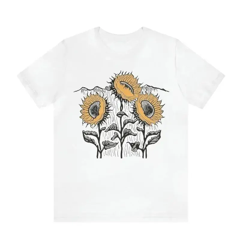 Vintage Sunflowers Tee Mountains T Shirt Linocut Like
