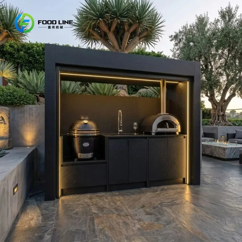 Customized Durable and Sturdy SS304 Outdoor Bbq Kitchen Pod Antirust Outdoor Kitchen BBQ Island with Shed Roller Shutters