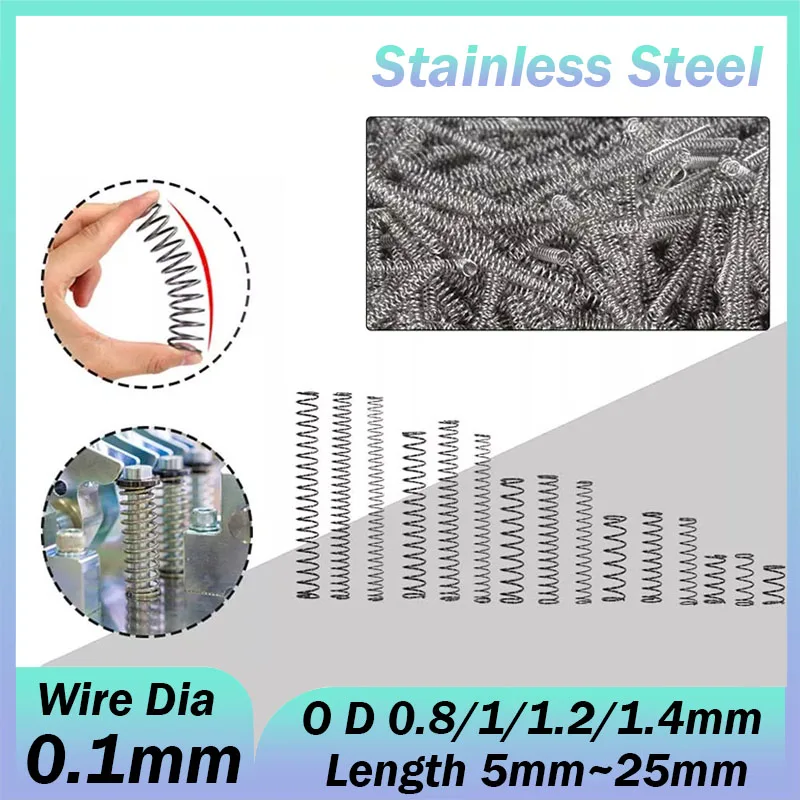 20Pcs/lot Wire Dia 0.1mm Stainless Steel Micro Small Compression Spring OD 0.8/1/1.2/1.4mm Length 5/8/10/12/15/20/25mm