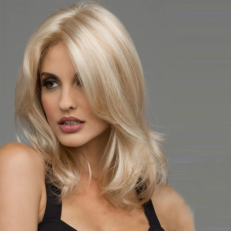 Women's mid-part brown/blonde straight hair synthetic wig cover, suitable for daily dress wig accessories