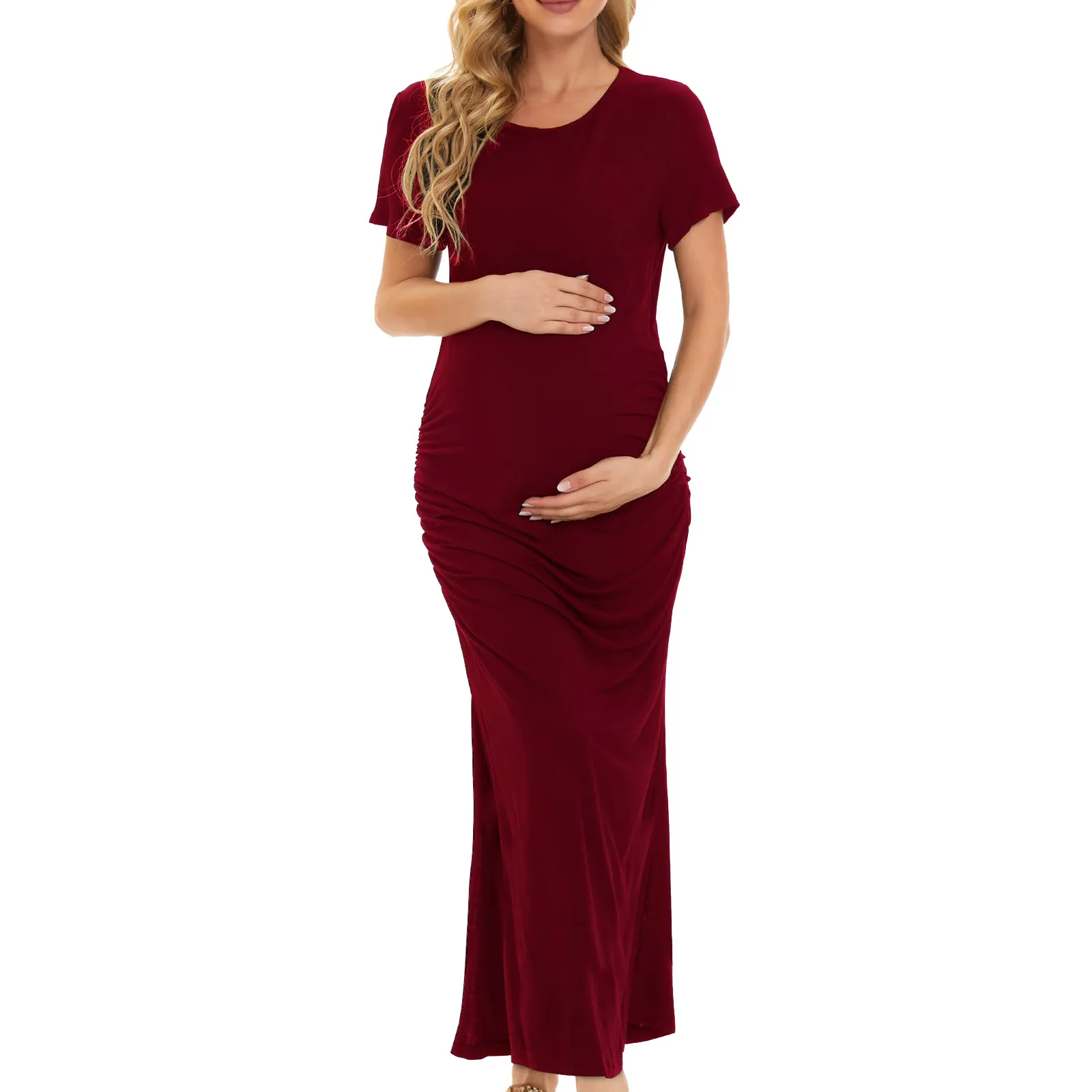 Summer Fashion Women's Long Dress Maternity Casual Dress Short Sleeve Ruched Solid Color Pregnancy Maternity Clothes robe femme