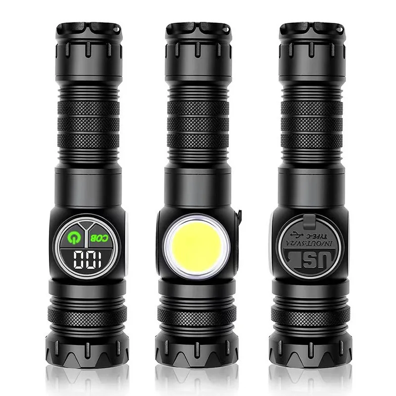 مصباح يدوي LED جديد عبر الحدود - COB + ليزر أبيض، تكبير طويل المدى للتخييم والإضاءة الخارجية ﻿