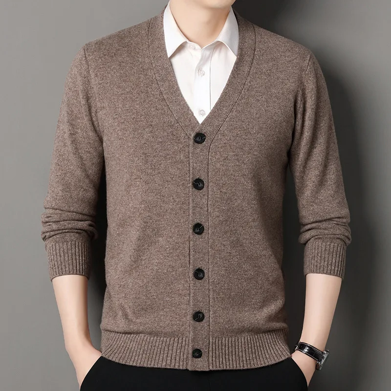 

% Wool Sweater Men Autumn Winter Warm Long Sleeve Cardigan Knitted Sweater Casual Middle-Aged Men'S Sweater