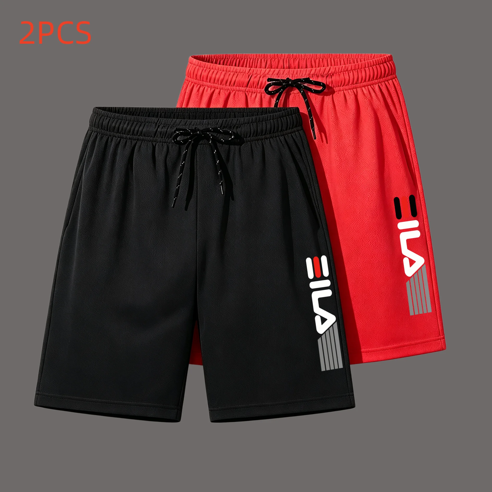 Men 2 Pack Sports Shorts Letter Print Mesh Quick Dry Casual Gym Running Shorts Elastic Waist Drawstring Loose Basketball Shorts