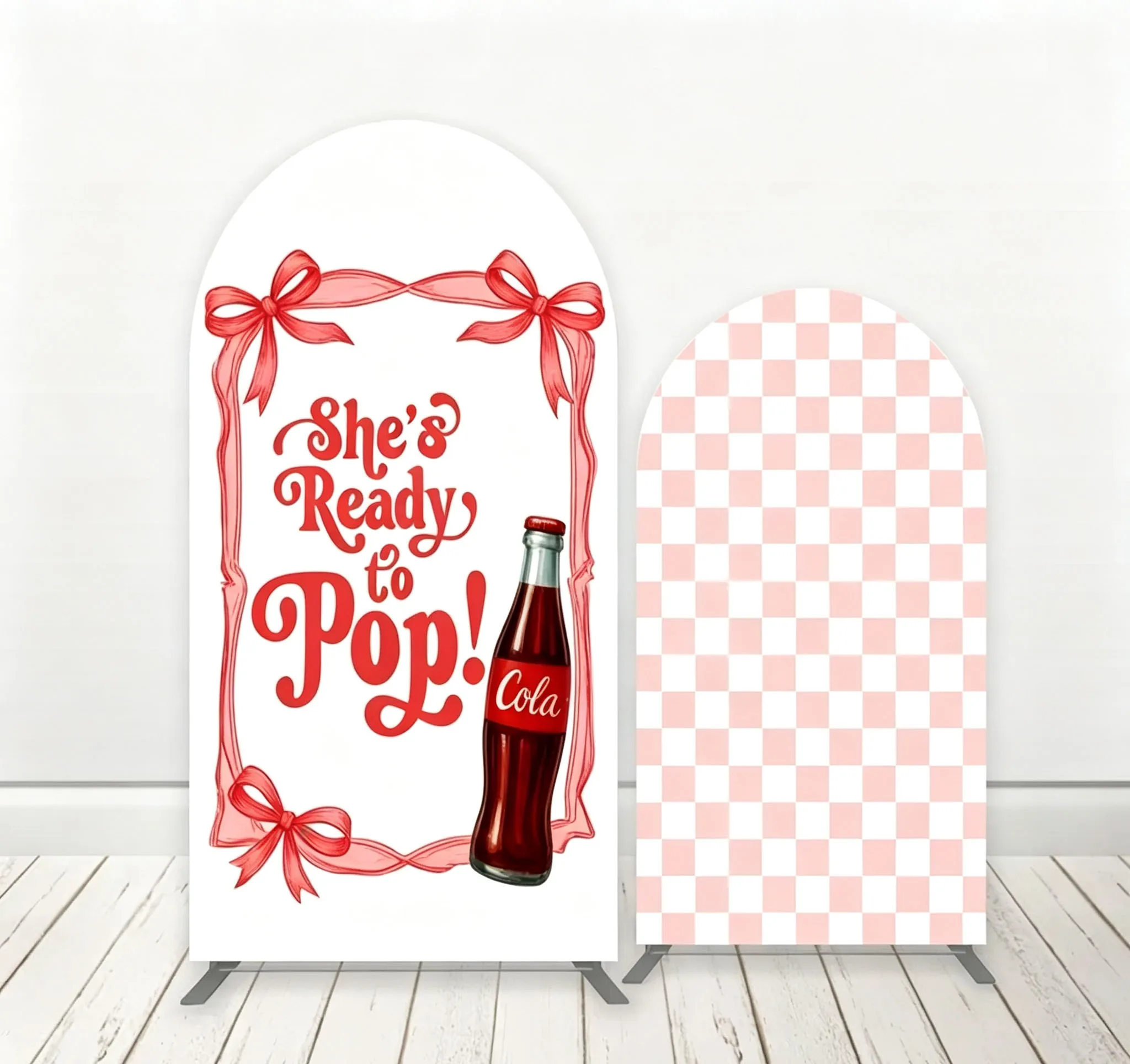 Custom Double-Sided She's Ready to Pop Baby Shower Arch Backdrop Cover Soda Drink Red Square Birthday Party Photobooth