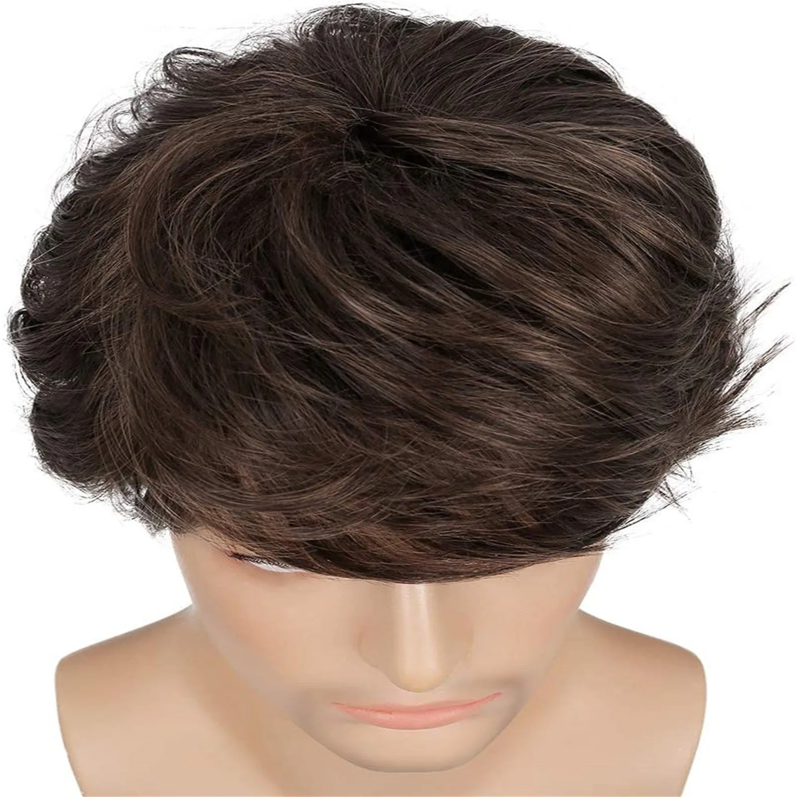 Short Wig Men Synthetic Curly Wig with Bangs Natural Brown Hair Korean Style Mature Male Wig Charm Fluffy Daily Cosplay Party