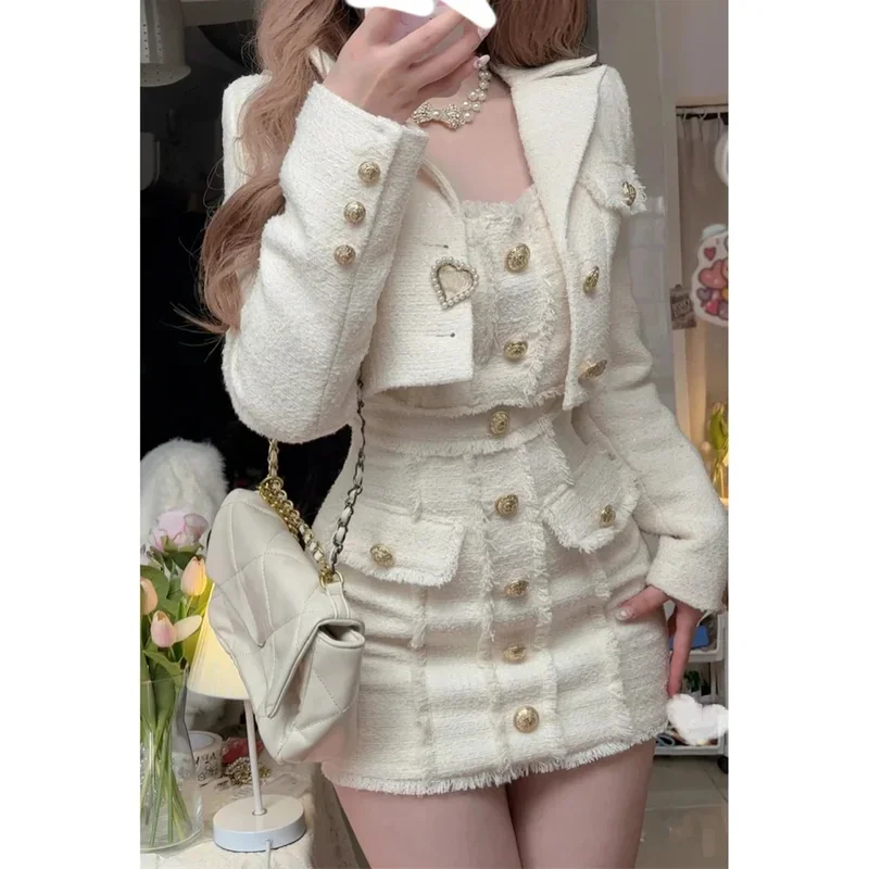 Korean Style Elegant Vintage Two Piece Set Women Sweet Woollen Short Jackets Tassel Design Mini Dress Suit Female Fashion Outfit