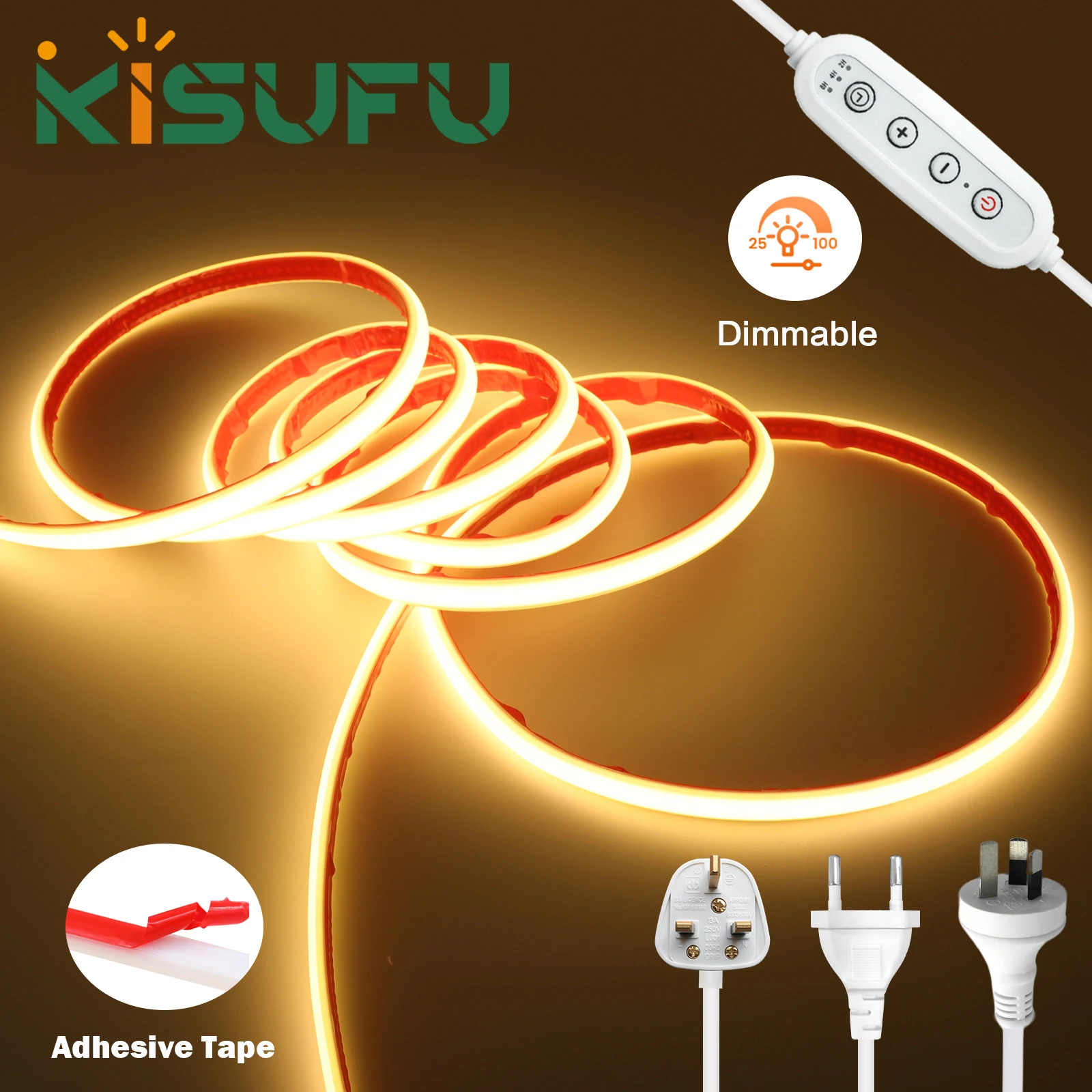 

Светодиодная лента COB с регулируемой яркостью, 220В/230В, с выключателем, вилка AU/UK/EU, 288 светодиодов/м, 3000K/4000K/6000K, гибкая клейкая лента, 1-35 м