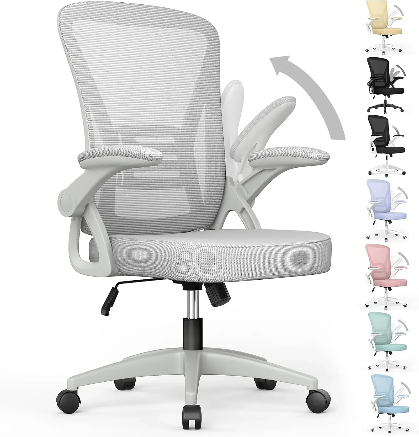 

Adjustable Height,Swivel Chair with Flip-Up Arms and Lumbar Support, Breathable Mesh Computer Chair for Home/Study/Working, Grey