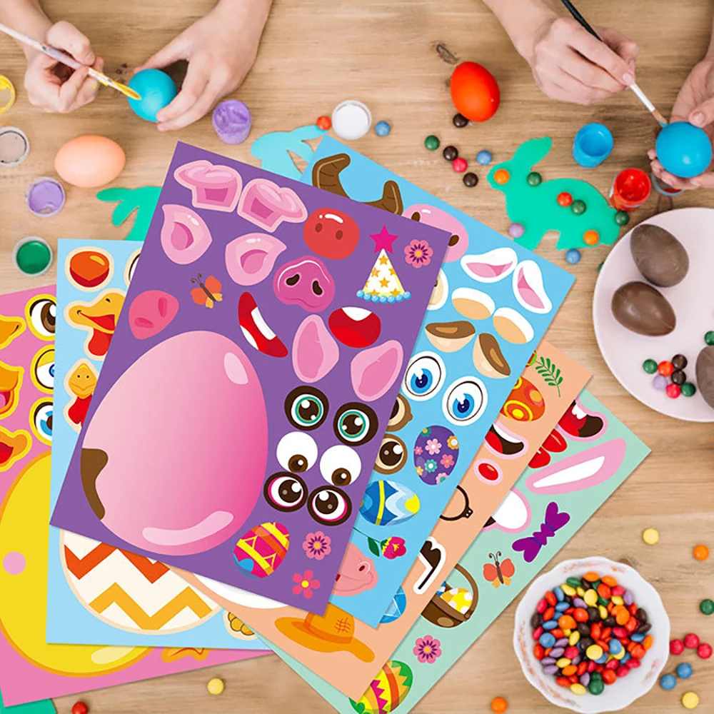 6/12 bettwäsche Cartoon Ostern Eier Puzzle Aufkleber Machen Ihre Eigenen Kawaii Küken Kuh Kaninchen Decals Kinder Puzzle Spielzeug für Kinder Geschenk