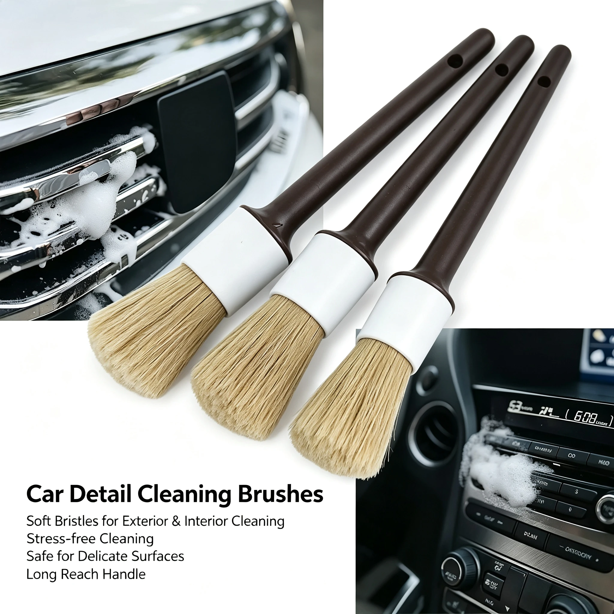 3PCS Car Exterior Interior Detail Brush Boar Hair Bristle Brushes for Car Cleaning Auto Detail Tools Dashboard Cleaning Brush