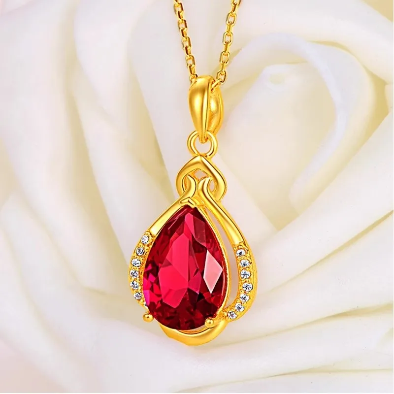 

Fashion AU999 Gold Necklace Women's Foot Gold 999 Ruby Water Drop Pendant Pure Gold Pendant Clavicle Chain Mom's Birthday Gift