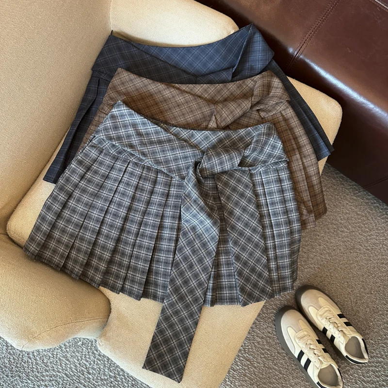 Vintage Plaid Mini Skirt Women Preppy Bandage Bow A Line Summer Pleated Skirts Korean All Match Student Casual Sweet Skirts New