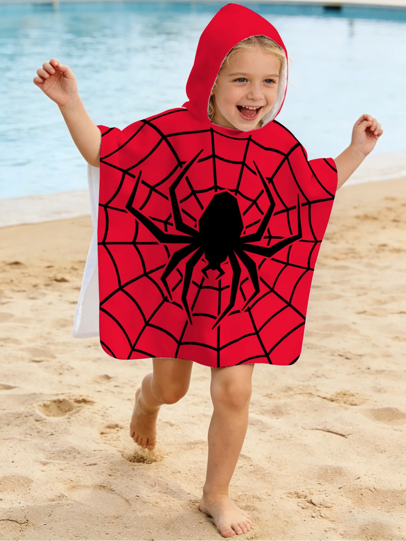 Kids Hooded Poncho Towel Red Spider Web Print Quick Dry Toddler Beach Bath Wrap for Boys