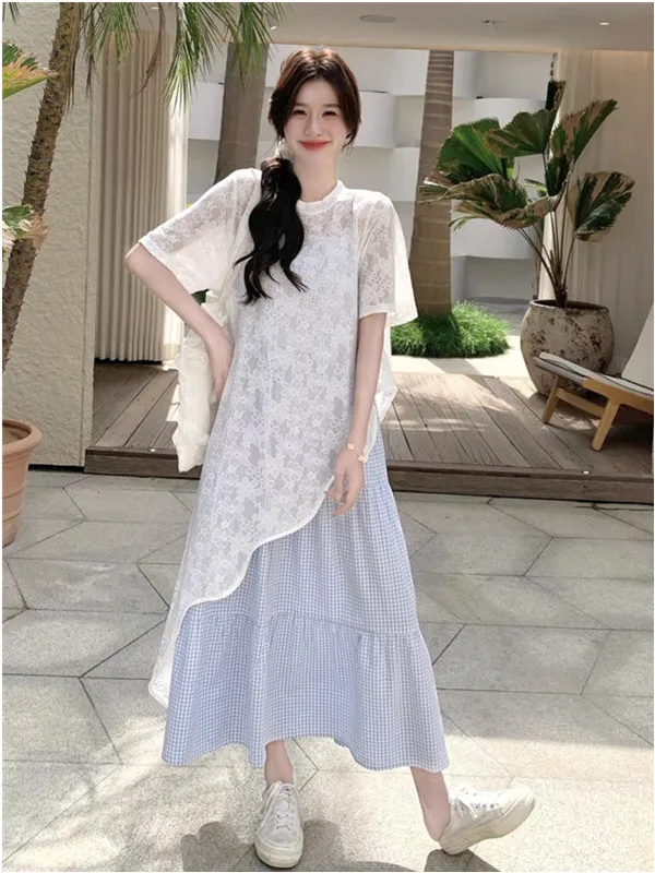 

Summer New Sweet Korean Sle Women's Lace Cover up Plaid ter Dr Set Breathable Polyester Loose Fit ort Sve