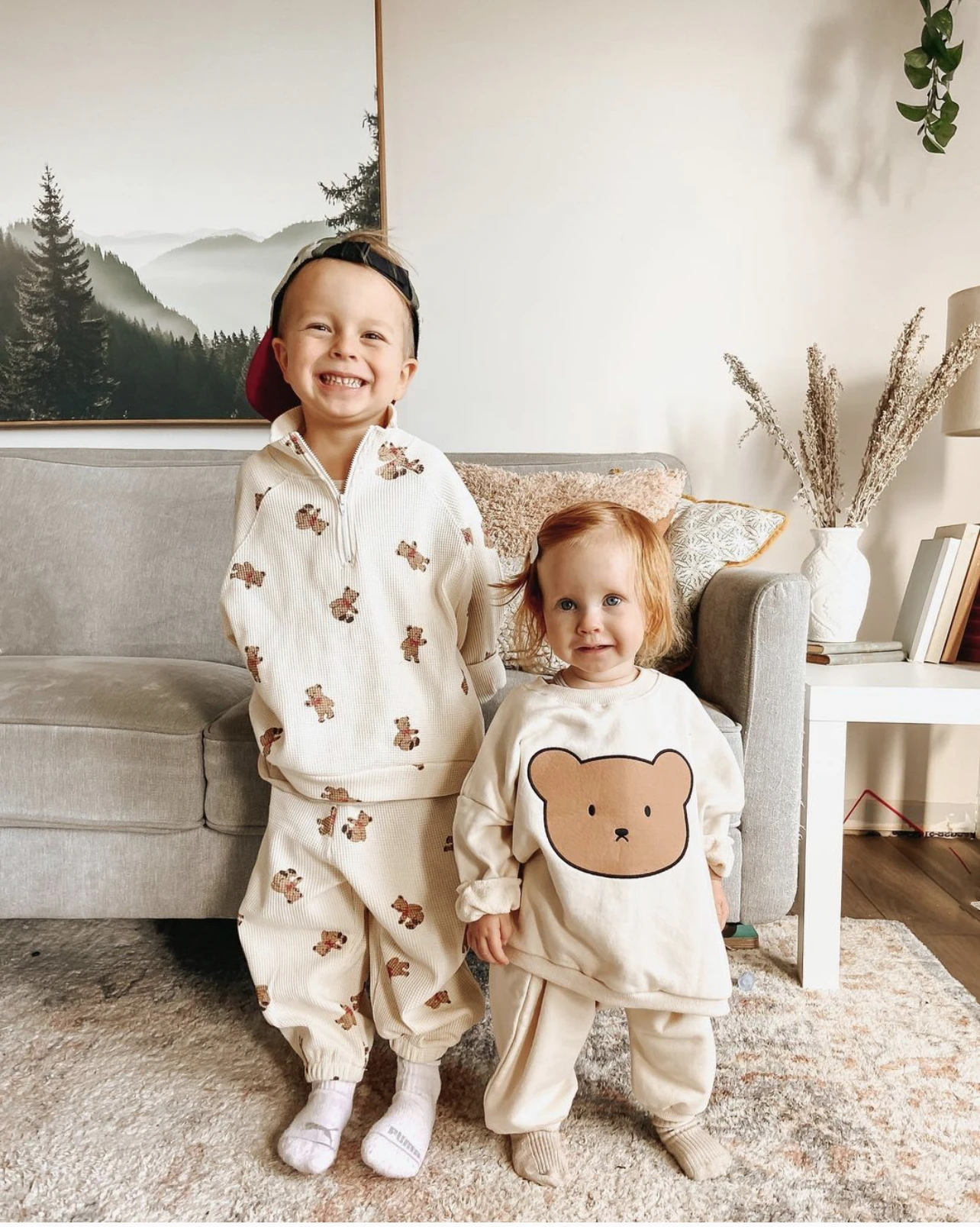 2023 Autumn New Baby Clothing Waffle Set Little Bear Pattern Print Newborn Boys and Girls Long Sleeve Pants Two Piece Casual Set