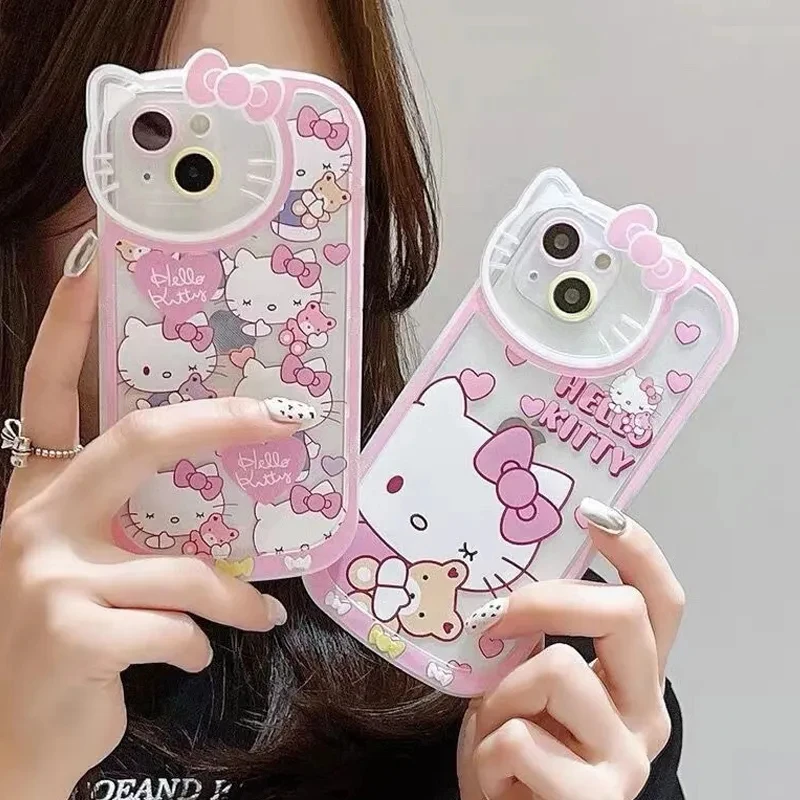 Sanrio Hello Kitty Cute Case For iPhone 15 14 13 12 11 Pro Max XR XS MAX 7 8 Plus Luxury Cartoon Transparent Cover Lady Girl Y2K