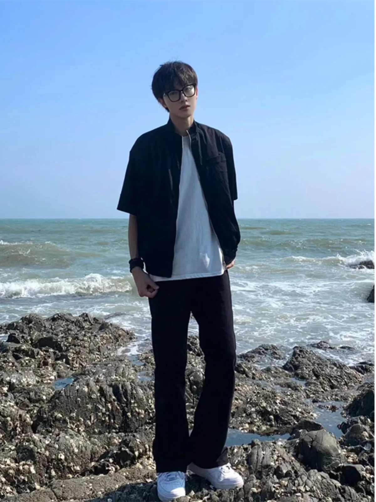 

American High Street Vibe Men's Summer CleanFit Black Elastic Flared Jeans Straight Leg Cowboy Pants Youthful Trendy