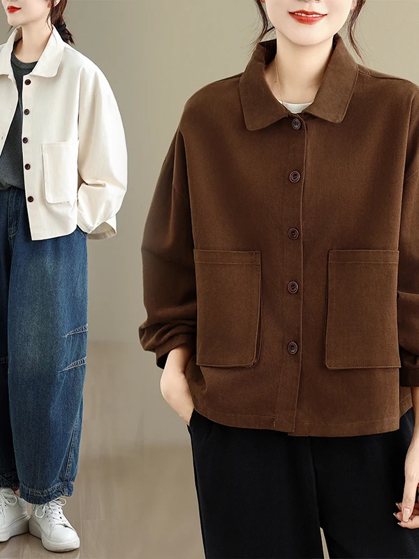 カジュアルなコットンワークウェア、またはジャケット、女性用、秋、大きいサイズ、ゆったりフィット、襟付き、長袖、オープンカーディガン、トップス、芸術的な斜め...