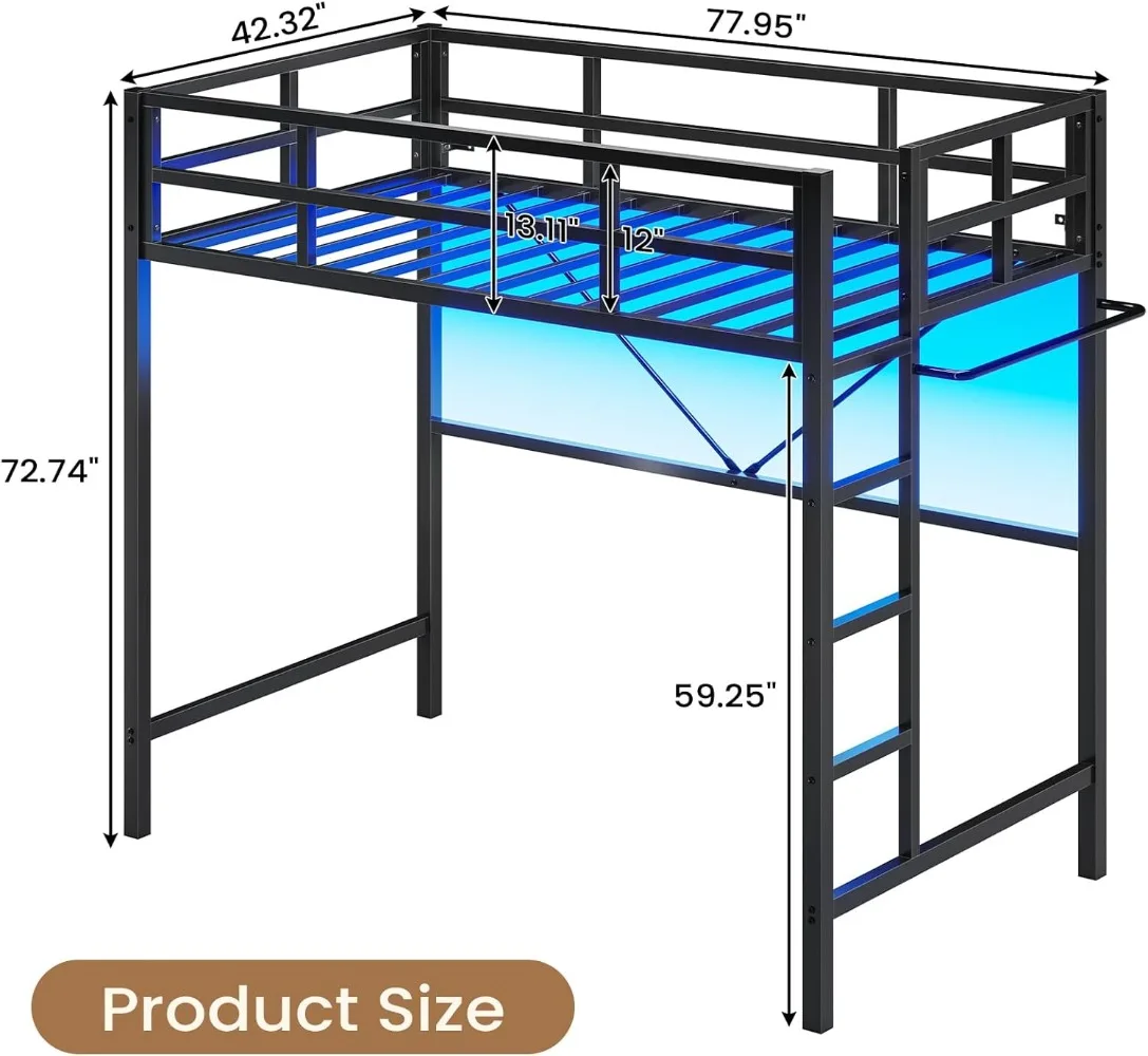 Cama alta dupla com luzes LED, cama alta de metal tamanho duplo com guarda-corpo de comprimento total, rack de roupas, estrutura de cama loft de metal resistente
