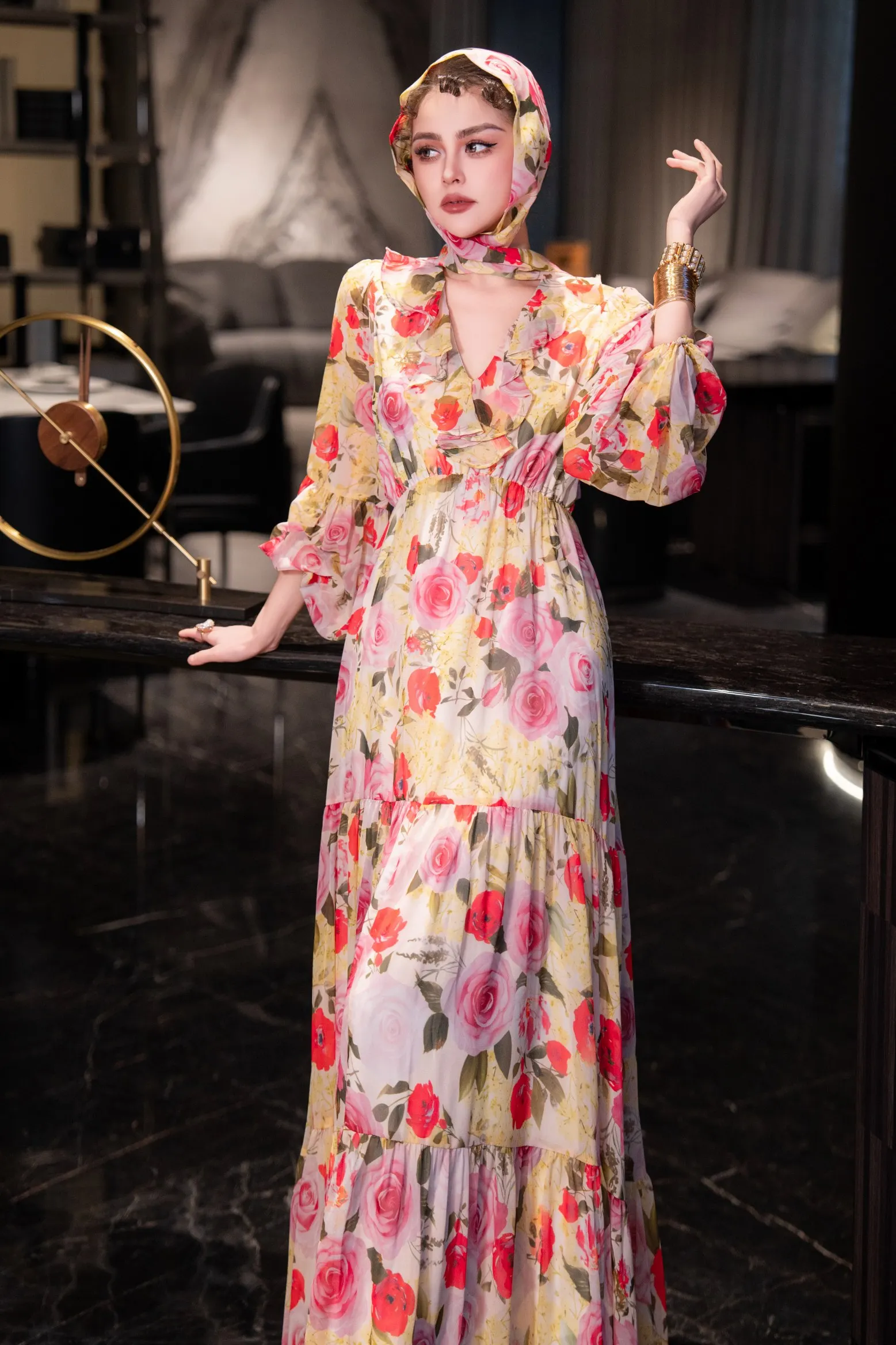 ZJYT Elegante lange maxi-jurken voor dames Vrouwelijke kleding Feestavond Bloemenprint Strandvakantiejurk Zomer Lange mouwen Dame