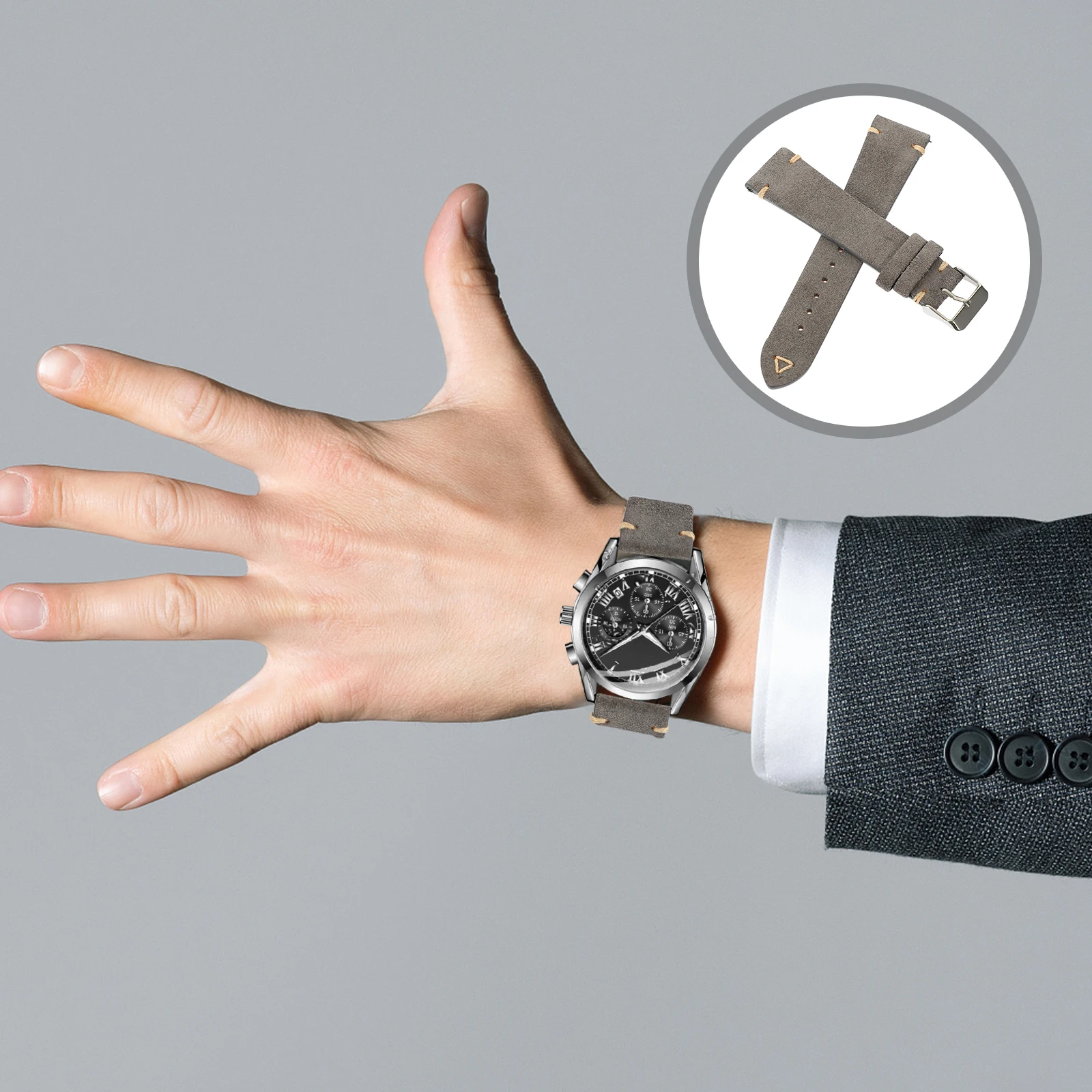 

Watch B Cowhide Adjustable Strap for Men Grey Fashion Retro Style Classic Wristwatch Accessory Compatible
