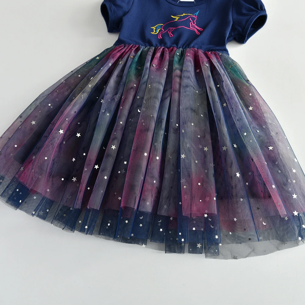 VIKITA Kids Summer Short Sleeve Princess Dress Girls Gradient Unicorn Embroidery Dress Children Birthday Party Casual Dresses