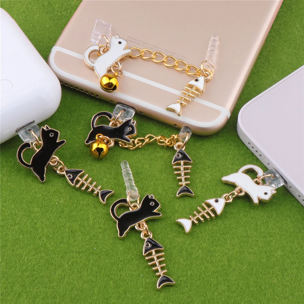 Fishbone Cat Dust Plug Charm Kawaii 3.5MM Jack Anti Dust Cap Cute Charge Port Plug For iPhone Type C Dust Protection Stopper