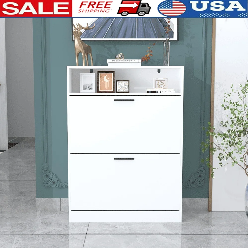 

Modern MDF Shoe Storage Cabinet with 2 Flip Drawers Freestanding Slim Organizer 16 Pairs Ideal Hallway Entryway