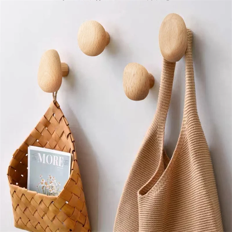 Nordic Entrance Hook Drilling/No Drilling Clothes Hooks Solid Wood Coat Hat Rack Wall-mounted Pebble Cabinet Door Drawer Handles