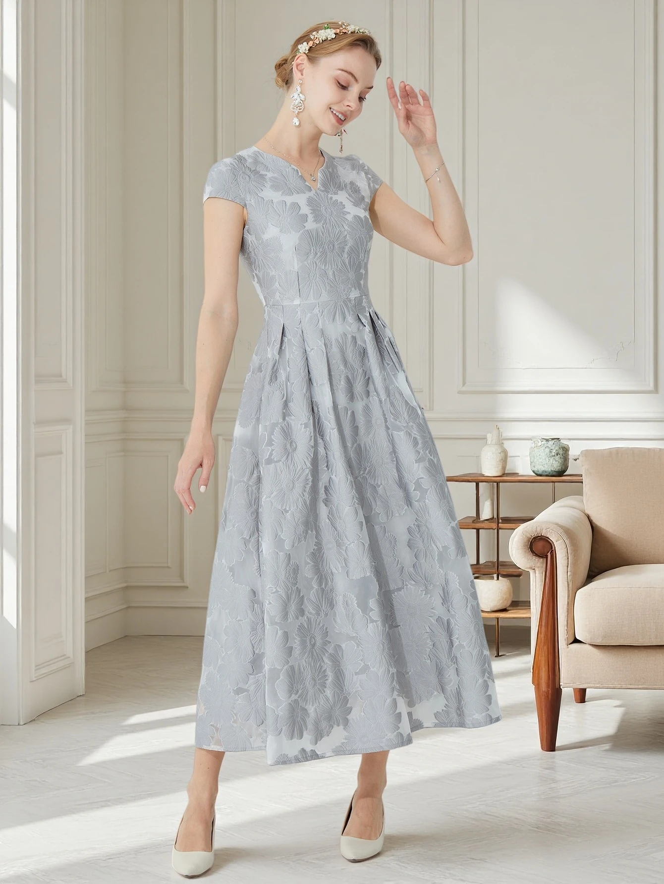 

DEVCHATA Summer Elegant women's Organza Maxi Party Dress casual French Style Grey Floral Vestidoes for Evening Wedding